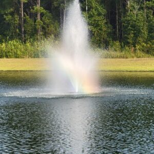 A remote-controlled lake fountain making a rainbow