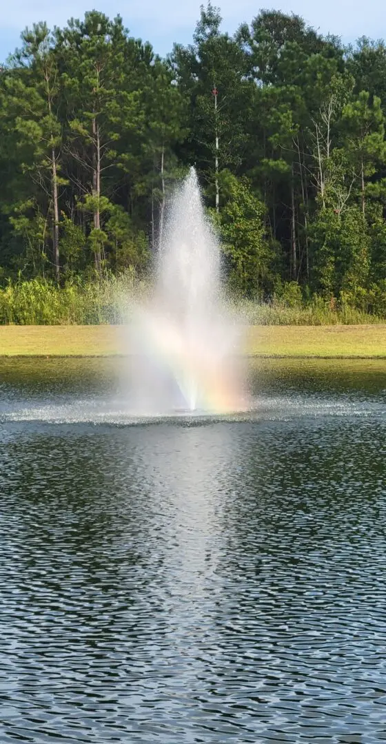 A remote-controlled lake fountain making a rainbow